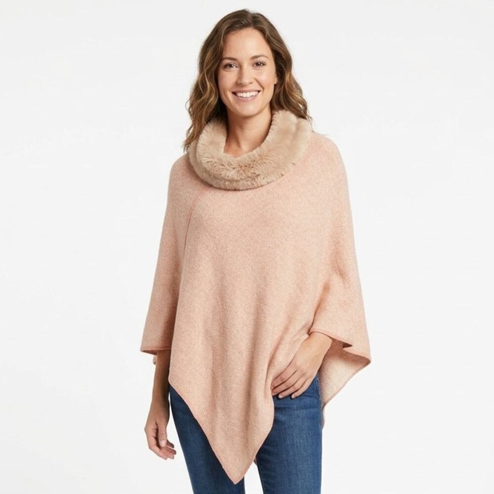 Fratelli Talli Asymmetrical Poncho Womens OS Beige Knit Faux Fur Collar Italy